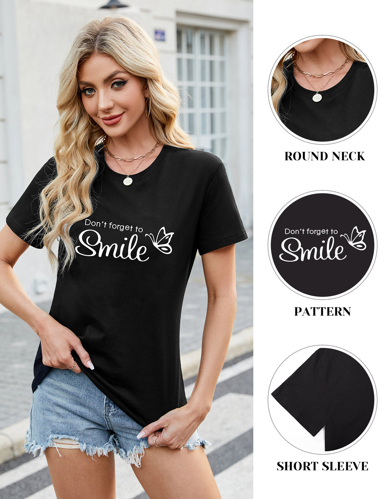 TOMEEK Women's T-Shirts Short Sleeve Ladies Tops Summer Crew Neck Basic Tops Graphic Print Tee Shirts Casual Black Tshirt