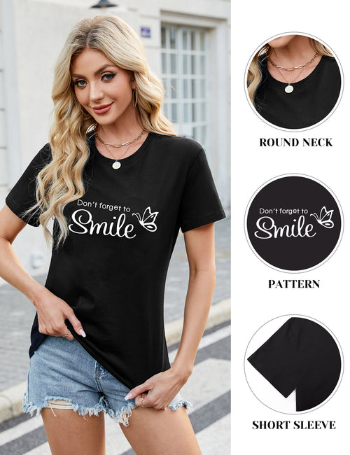 TOMEEK Women's T-Shirts Short Sleeve Ladies Tops Summer Crew Neck Basic Tops Graphic Print Tee Shirts Casual Black Tshirt