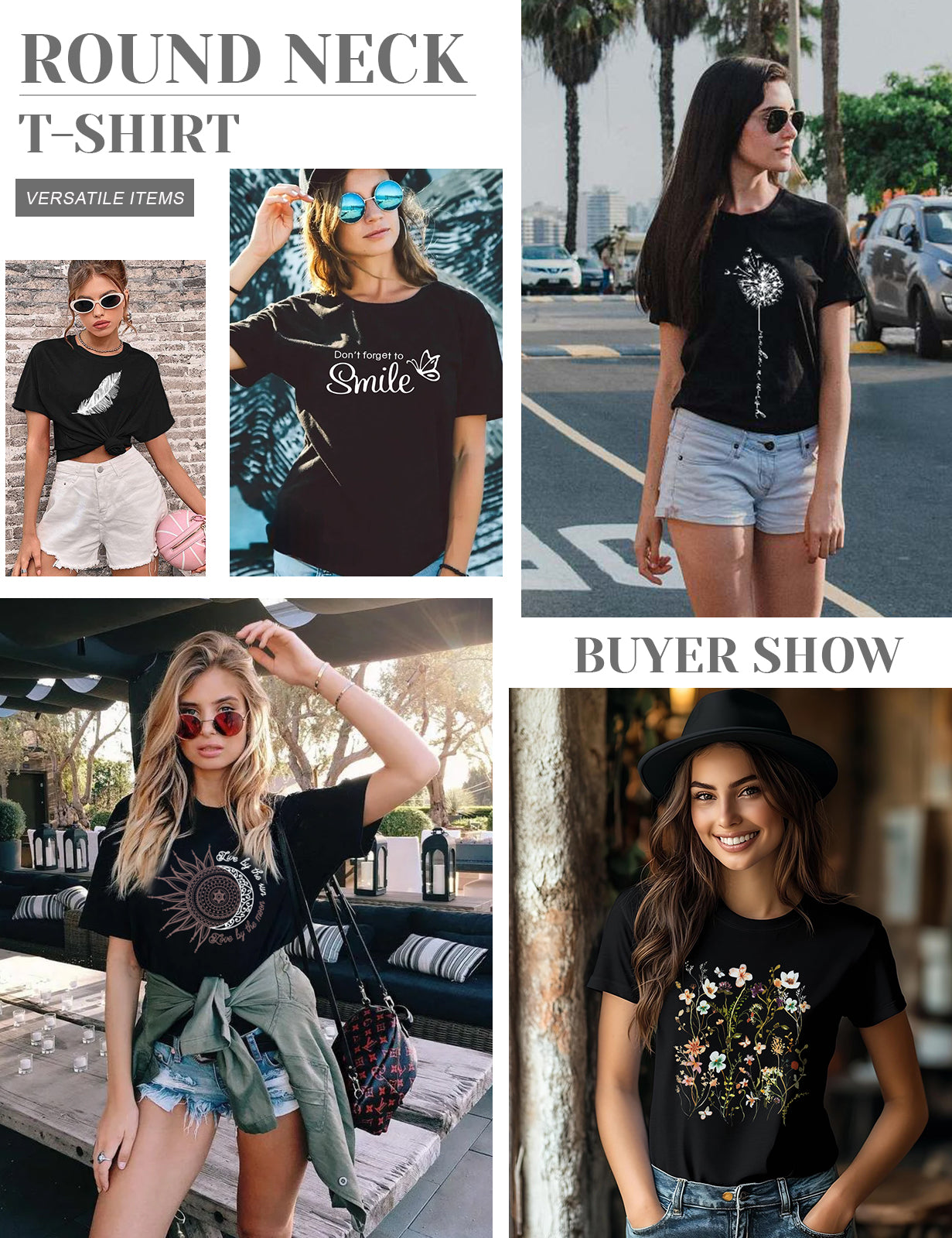 TOMEEK Women's T-Shirts Short Sleeve Ladies Tops Summer Crew Neck Basic Tops Graphic Print Tee Shirts Casual Black Tshirt